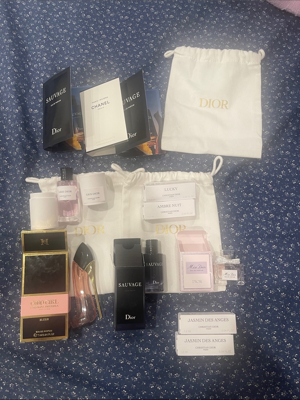 14 item bundle Dior Assorted Mini Perfumes & Pouches - White, Pink, Black, Gold